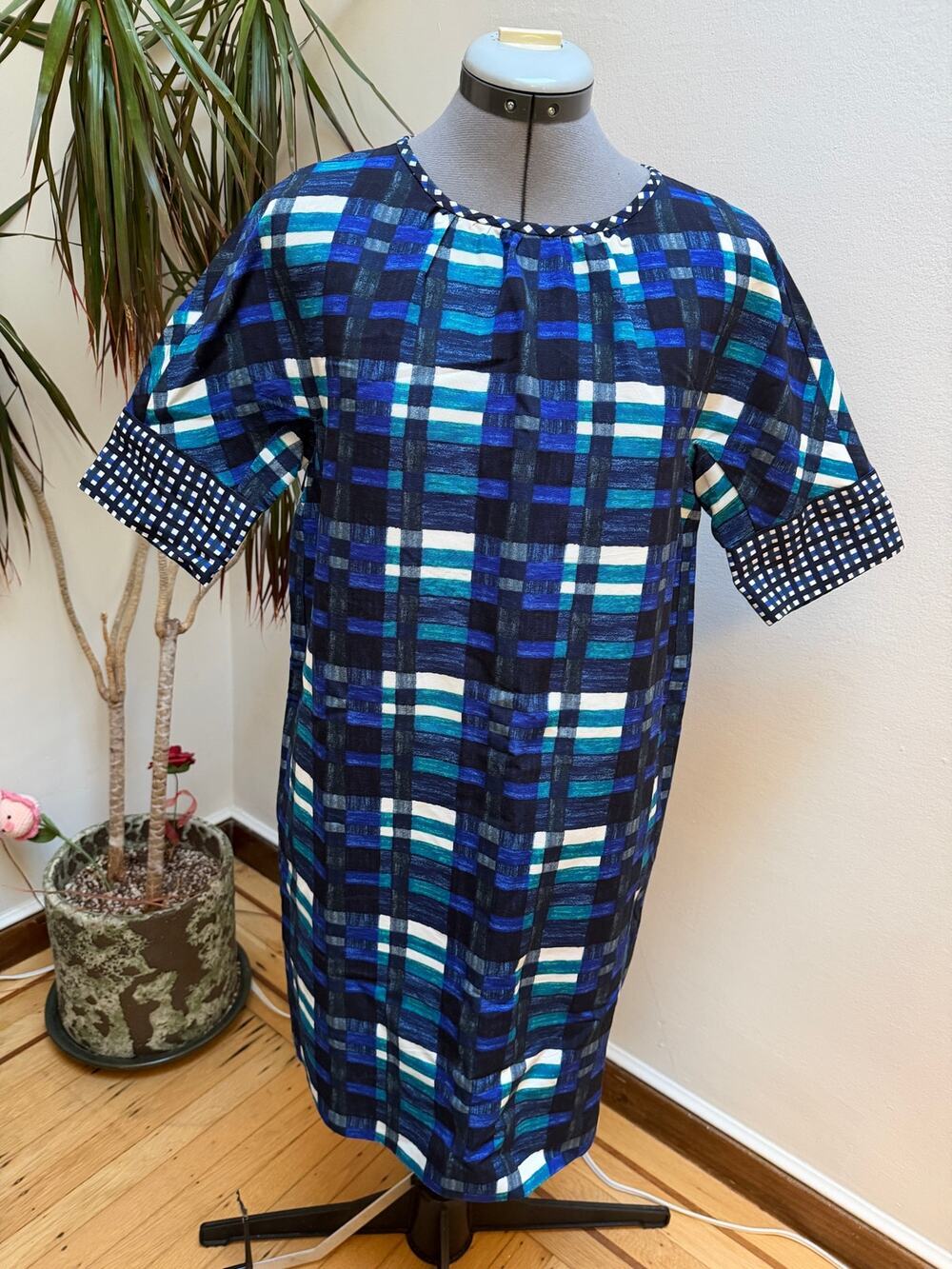 Weekend Max Mara Blue Plaid Shift Dress Geometric Cotton Blend